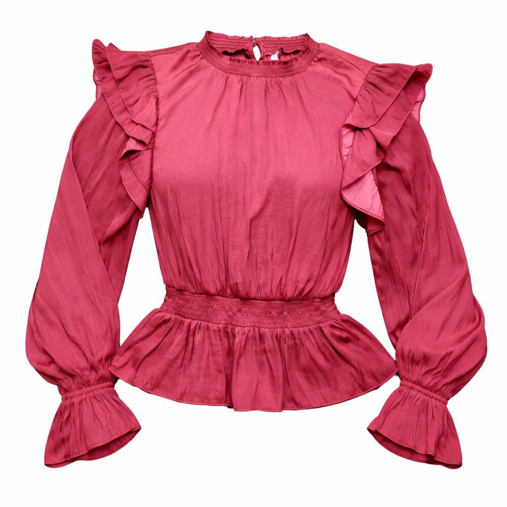 Glam Ruffle Blouse Womens Medium Burgundy Long Sleeve Peplum Keyhole Back